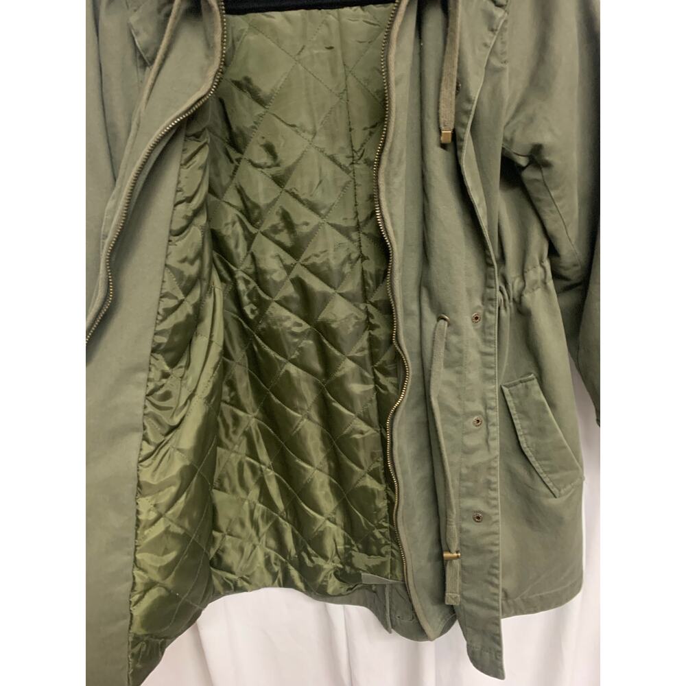 Denim & Co. Olive Green Hooded Utility Jacket XS-M | Drawstring Waist, Quilted - Picture 5 of 6